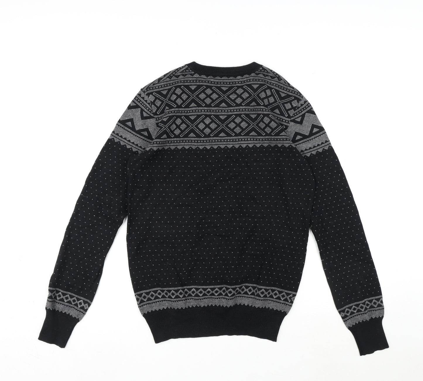 AllSaints Mens Black Crew Neck Fair Isle Cotton Pullover Jumper Size S Long Sleeve