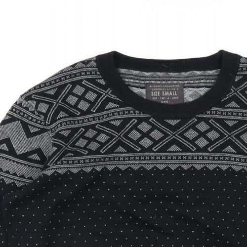 AllSaints Mens Black Crew Neck Fair Isle Cotton Pullover Jumper Size S Long Sleeve