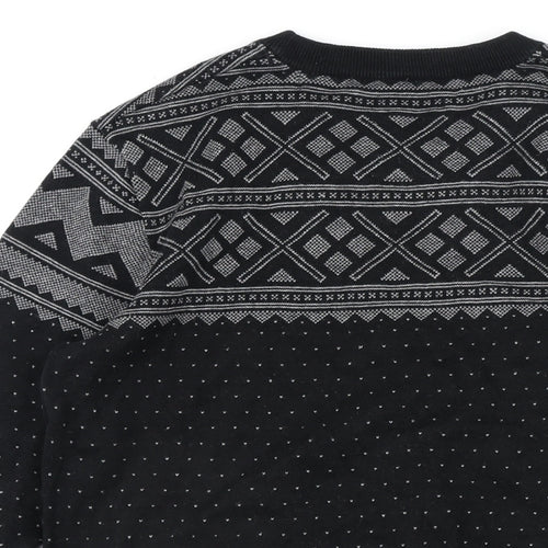 AllSaints Mens Black Crew Neck Fair Isle Cotton Pullover Jumper Size S Long Sleeve