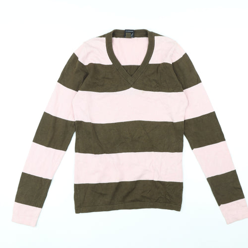Addict Womens Pink V-Neck Striped Cotton Pullover Jumper Size XS