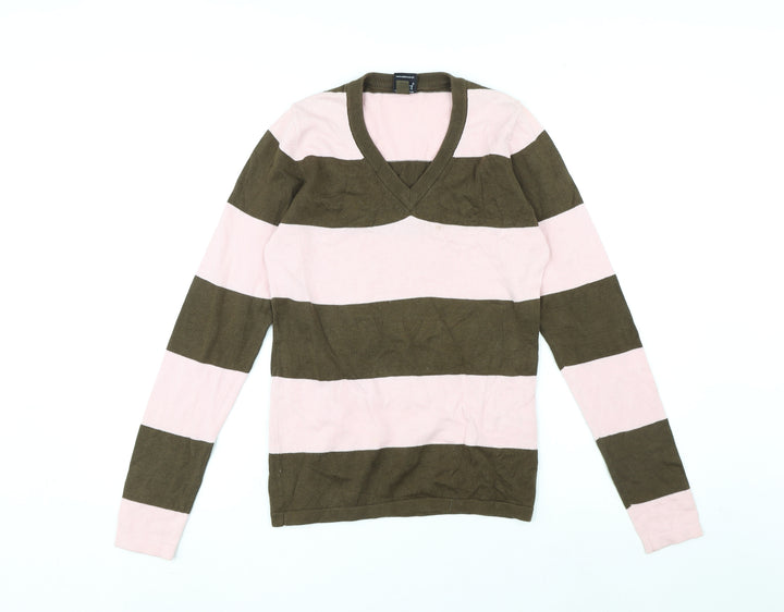 Addict Womens Pink V-Neck Striped Cotton Pullover Jumper Size XS