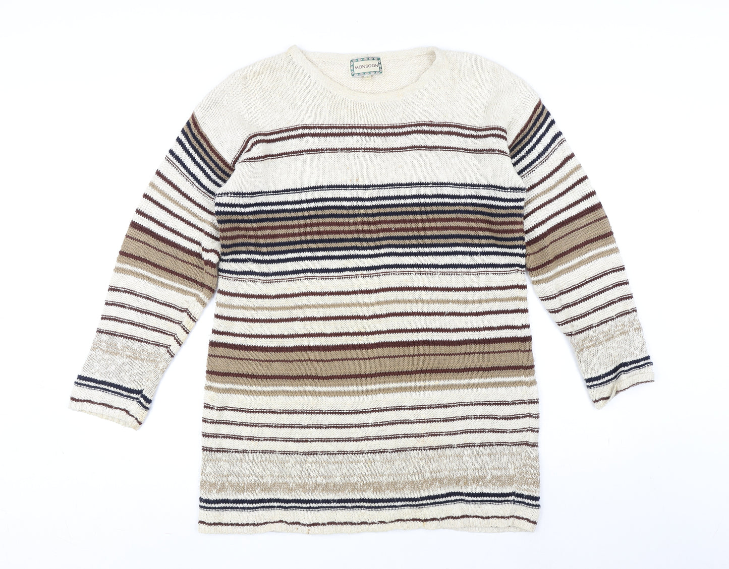 Monsoon Womens Beige Striped Ramie Jumper Dress Size S Round Neck Pullover