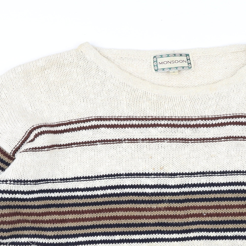 Monsoon Womens Beige Striped Ramie Jumper Dress Size S Round Neck Pullover