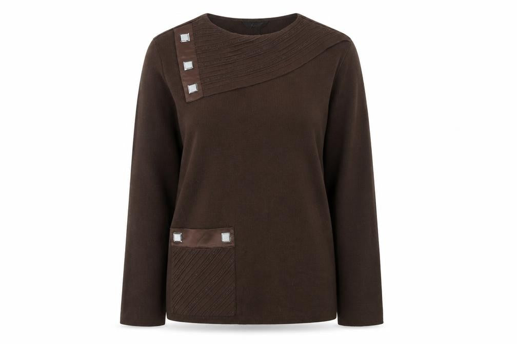 Front view of Fatos women’s brown round neck wool jumper, size UK 14
