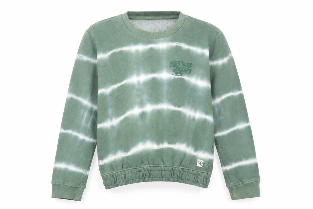 Front view of Young & Free girls’ green cotton pullover sweatshirt, size 12-13, years pullover - tie dye