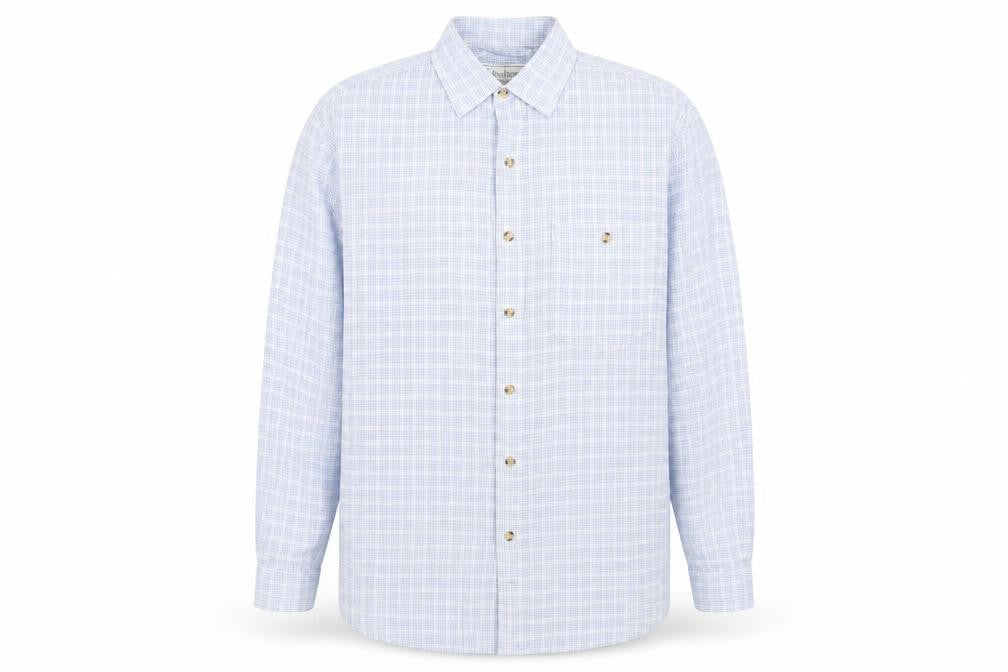 Front view of Glenhusky men’s blue plaid cotton button-up, size M, collared button