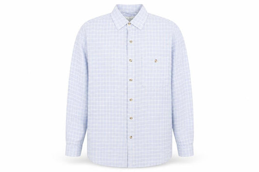 Front view of Glenhusky men’s blue plaid cotton button-up, size M, collared button
