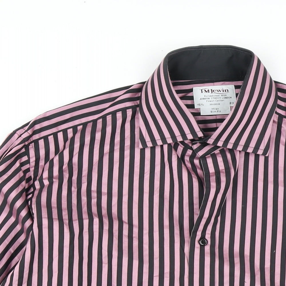 T.M.Lewin Mens Pink Striped Cotton Dress Shirt Size 15.5 Collared Button