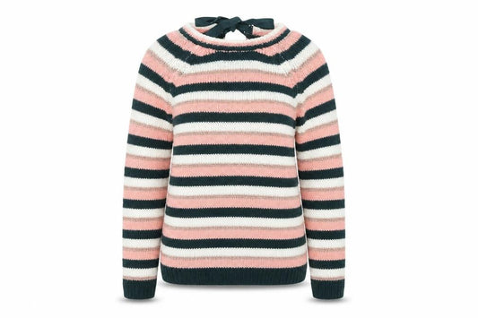 Front view of Dorothy Perkins women’s multicoloured round neck striped acrylic jumper, size UK 12