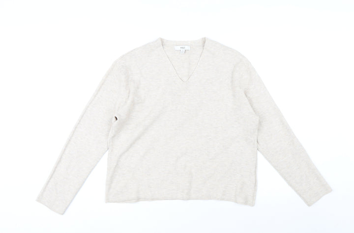 Marks and Spencer Womens Beige V-Neck Viscose Pullover Jumper Size M