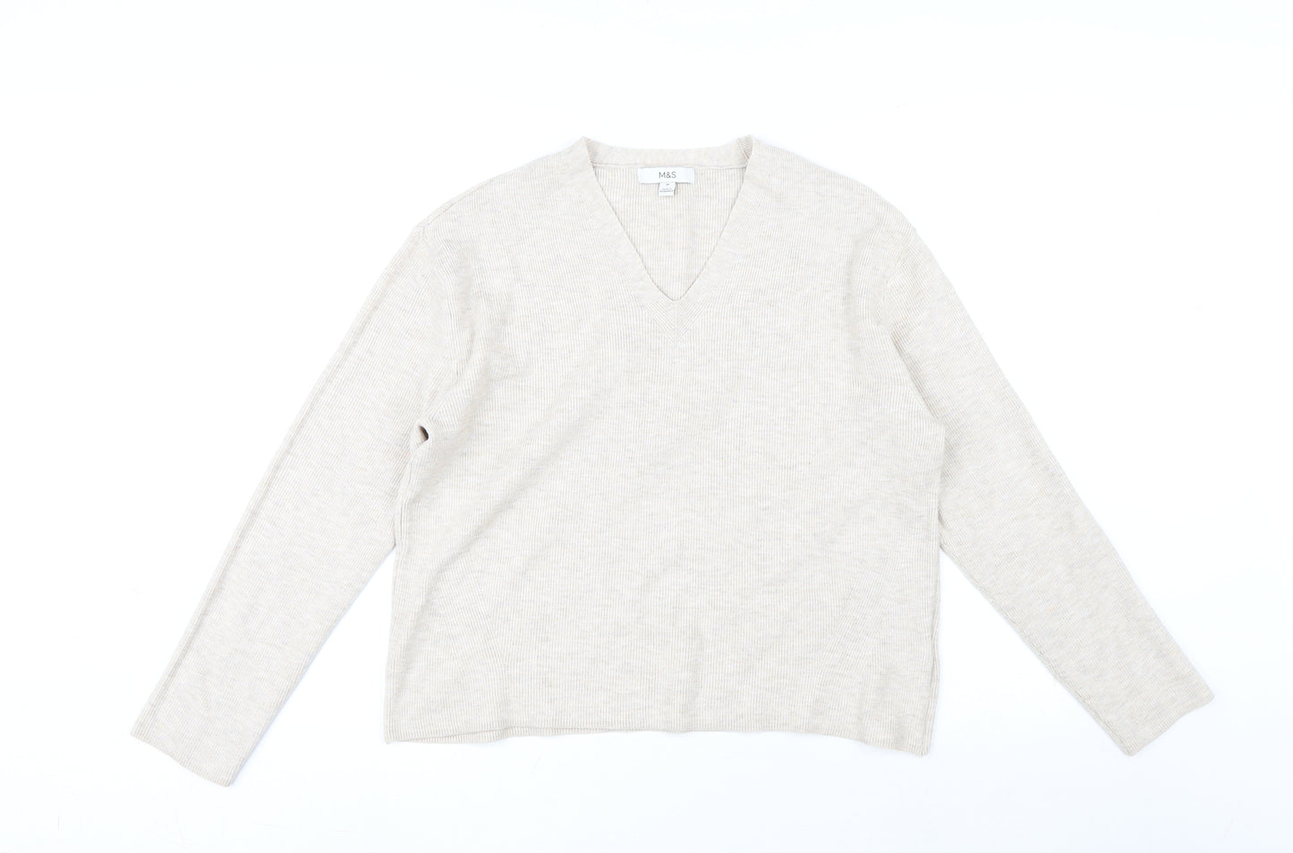 Marks and Spencer Womens Beige V-Neck Viscose Pullover Jumper Size M
