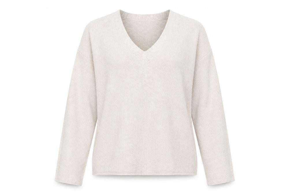 Front view of Marks & Spencer women’s beige v-neck viscose jumper, size M