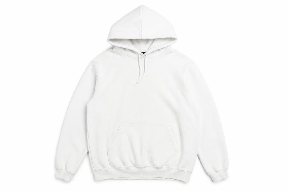 Front view of H&M men’s white cotton pullover hoodie, size S