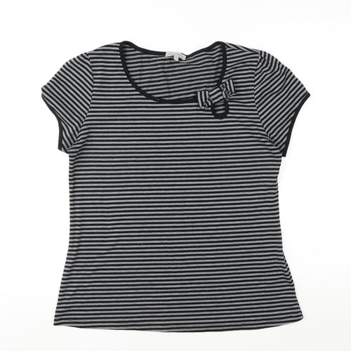 Preview Womens Grey Striped Viscose Basic T-Shirt Size 14 Round Neck