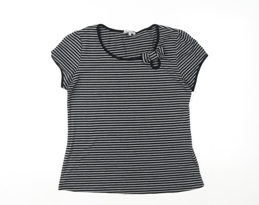 Preview Womens Grey Striped Viscose Basic T-Shirt Size 14 Round Neck