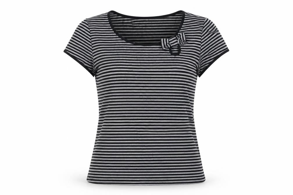 Front view of Preview women’s grey striped viscose basic t-shirt, size UK 14, round neck