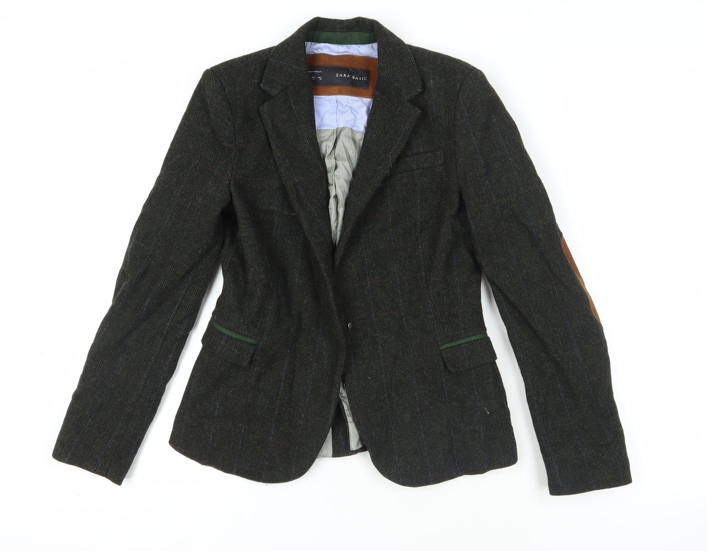 Zara Green Tweed Wool Blazer, Size 12, Classic Style