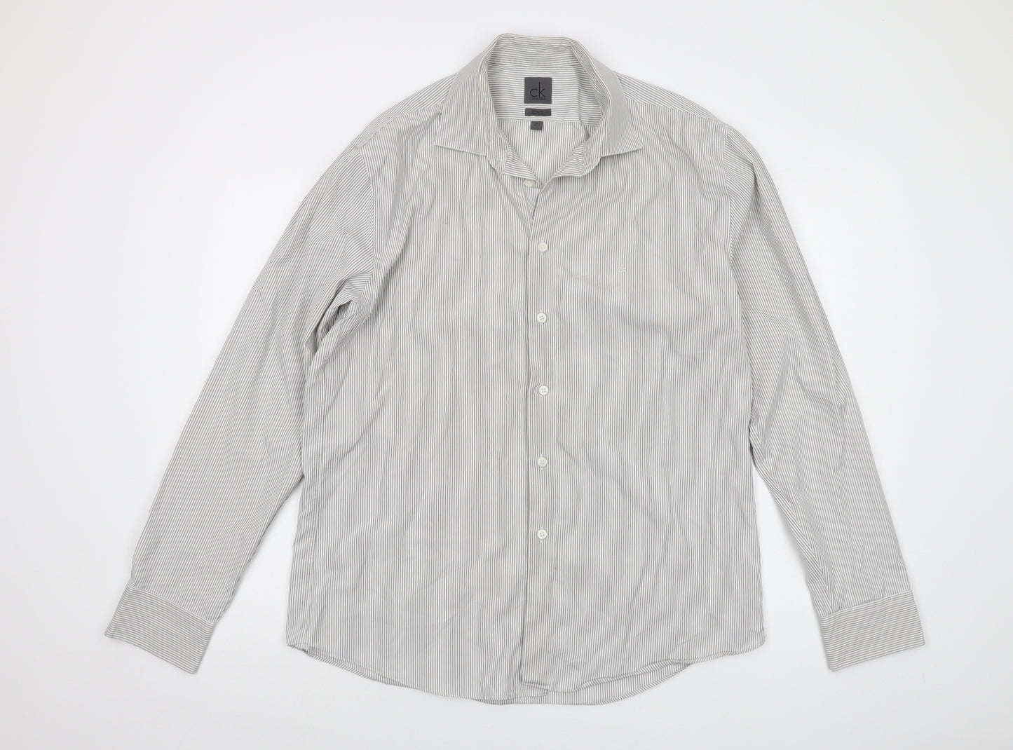 Calvin Klein Mens Grey Striped Polyester Button-Up Size 16.5 Collared Button