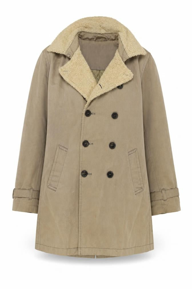 Front view of Wolsey women’s beige overcoat coat, size S, button