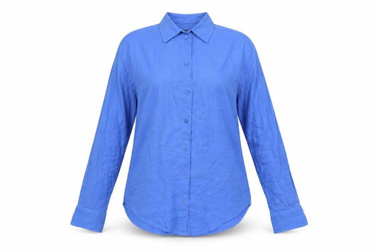 Front view of Monki women’s blue cotton basic button-up, size XS, collared