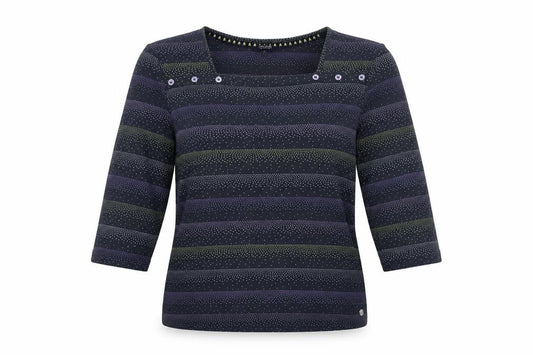 Front view of Maine New England women’s multicoloured geometric cotton basic t-shirt, size UK 18, square neck