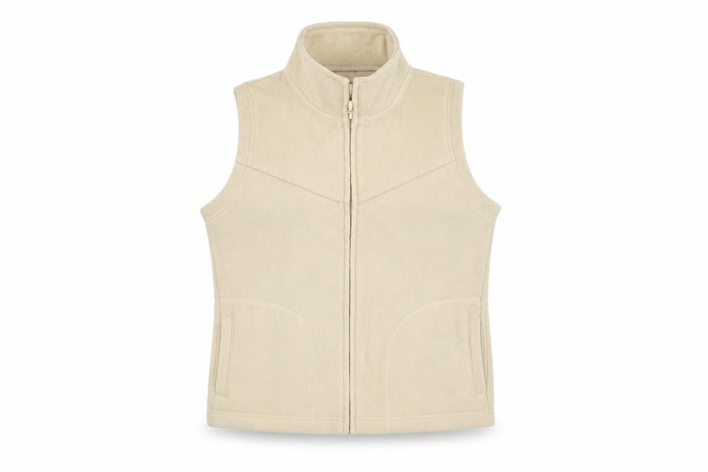 Front view of EWM women’s beige jacket waistcoat, size UK 10, zip