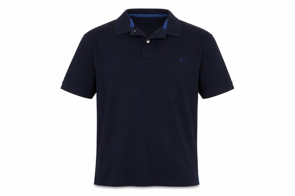 Front view of Cortefiel men’s blue cotton polo, size M, collared button