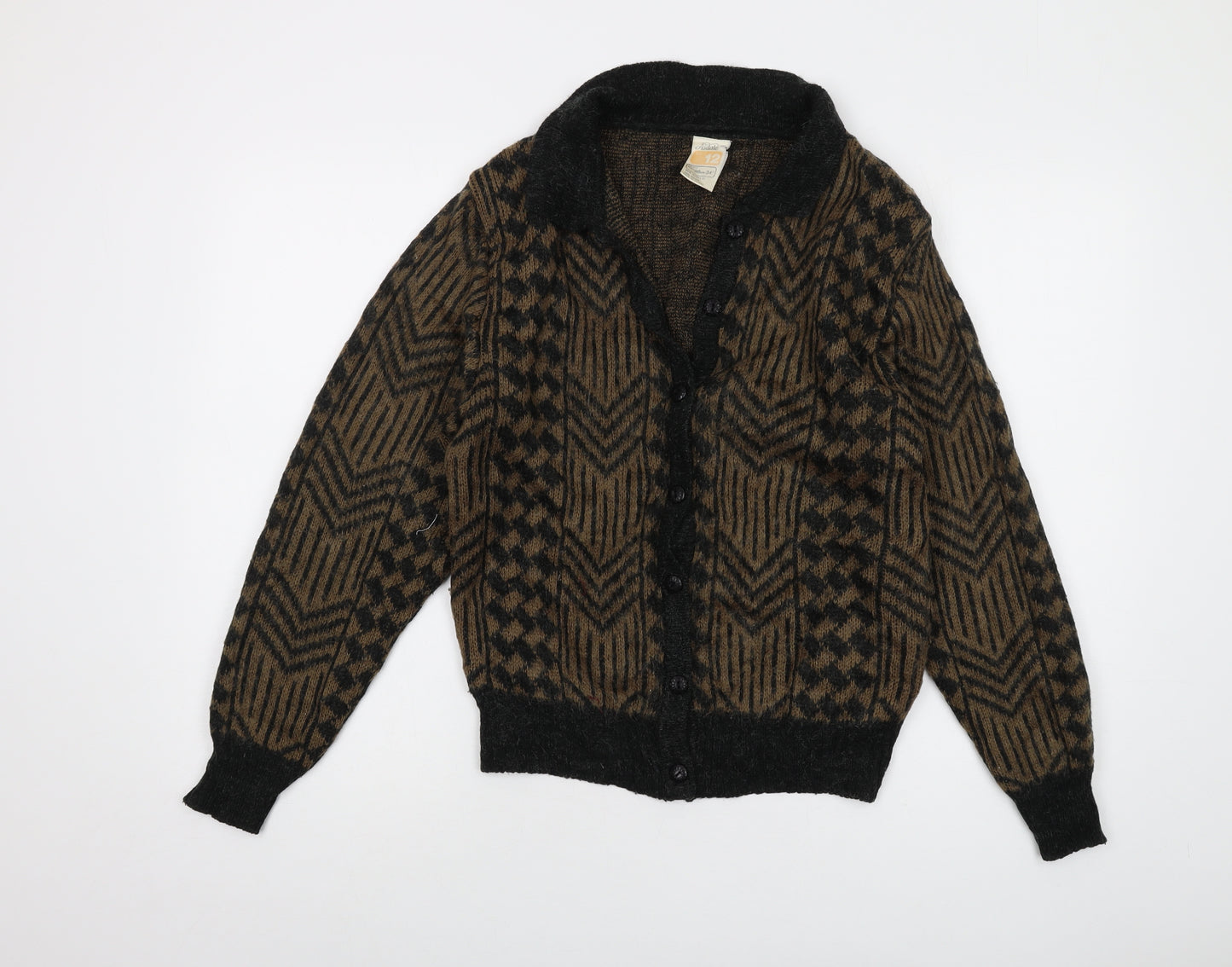 Asddale Womens Brown V-Neck Geometric Acrylic Cardigan Jumper Size 12
