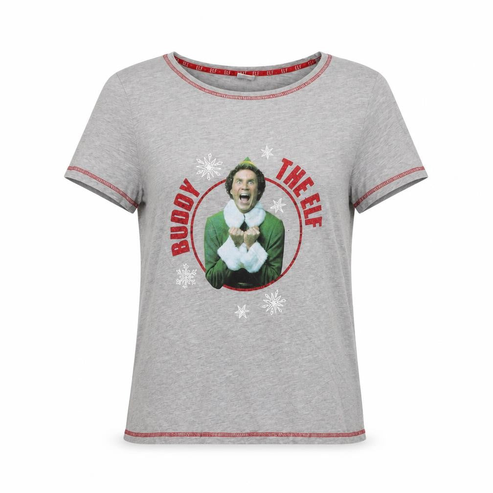 Front view of ELF women’s grey cotton basic t-shirt, size UK 14, crew neck - buddy the elf