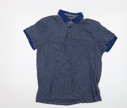 Ted Baker Mens Blue Geometric Cotton Polo Size XL Collared Button