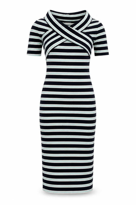Front view of Oasis women’s multicoloured striped viscose bodycon, size XS, v-neck pullover
