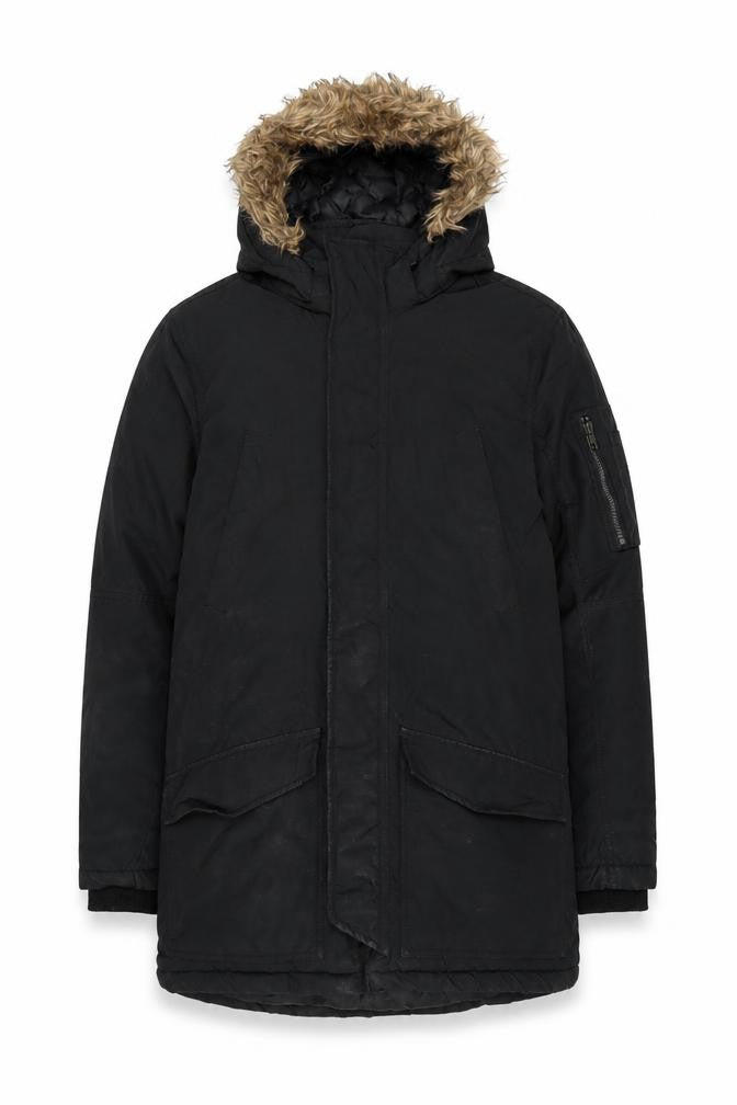 Front view of H&M girls’ black jacket coat, size 12-13, years zip