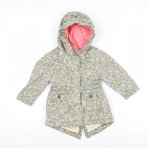 Mothercare Girls Green Geometric Basic Coat Coat Size 12-18 Months Zip - Butterflies