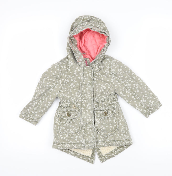 Mothercare Girls Green Geometric Basic Coat Coat Size 12-18 Months Zip - Butterflies