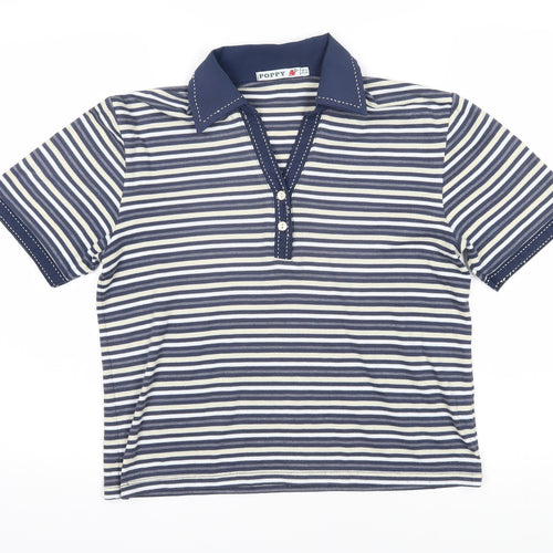Poppy Womens Blue Striped Cotton Blend Basic Polo Size 12 Collared