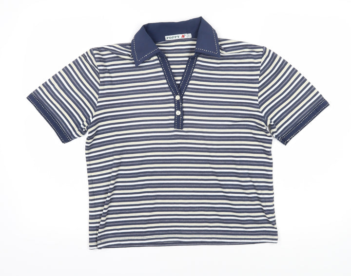 Poppy Womens Blue Striped Cotton Blend Basic Polo Size 12 Collared