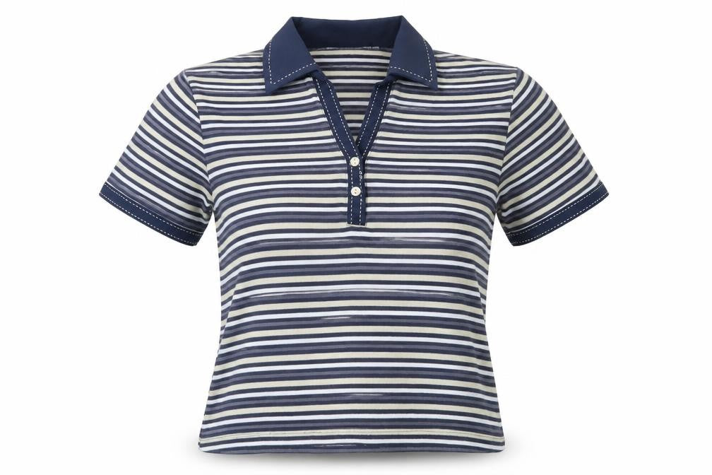 Front view of Poppy women’s blue striped cotton blend basic polo, size UK 12, collared