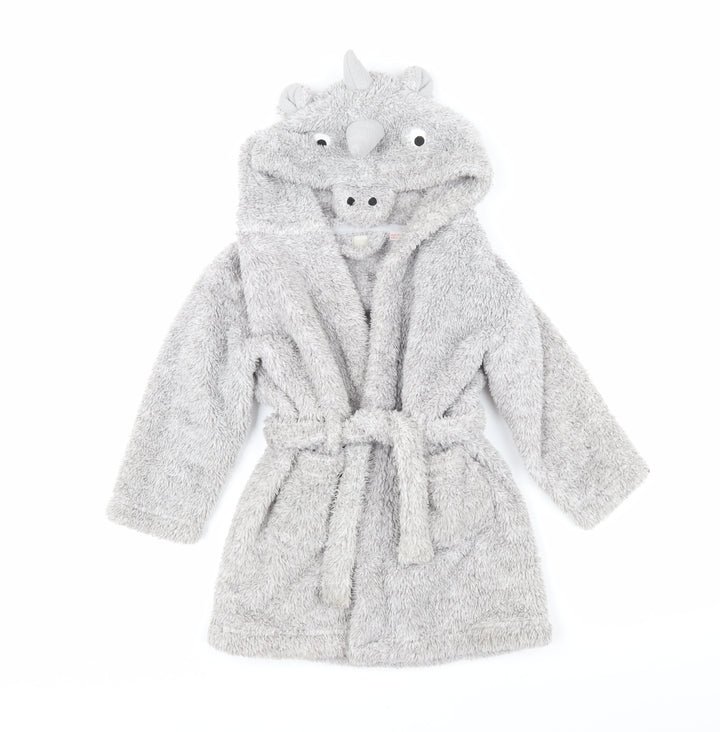 John Lewis Boys Grey Solid 100% Polyester Robe Size 3 Years Tie - Dinosaur hood