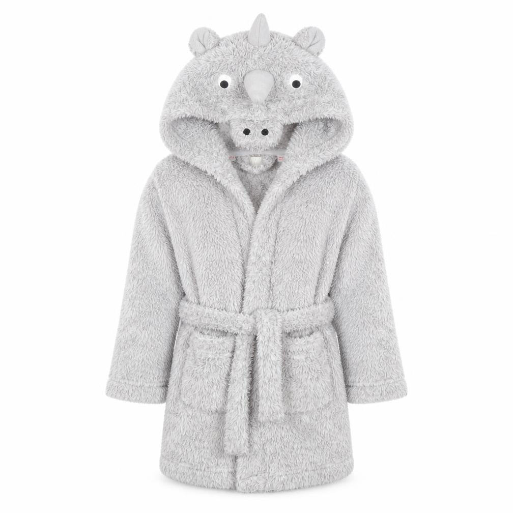 Front view of John Lewis boys’ grey solid 100% polyester robe, size 3, years tie - dinosaur hood