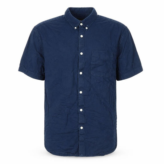 Front view of Burton men’s blue cotton button-up, size XL, collared button