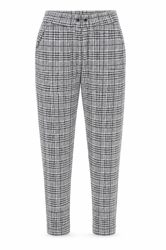 Front view of Boohoo women’s black check polyester trousers, size S, 29-inch leg regular - elasticated waist