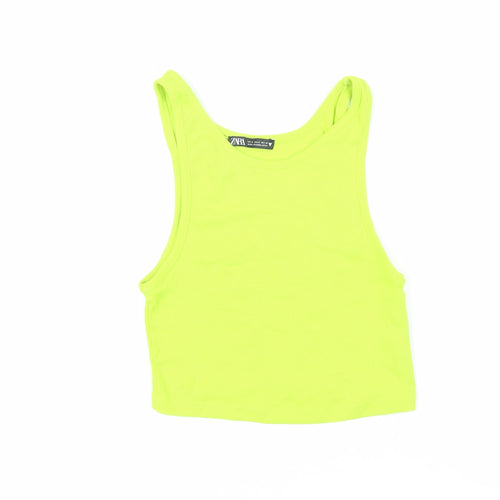 Zara Womens Green Cotton Basic T-Shirt Size S Scoop Neck - Cropped