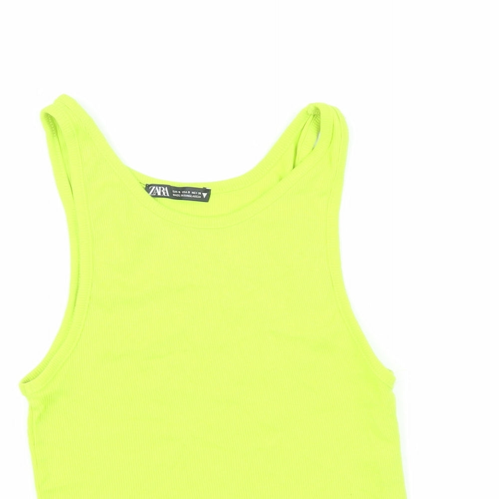 Zara Womens Green Cotton Basic T-Shirt Size S Scoop Neck - Cropped