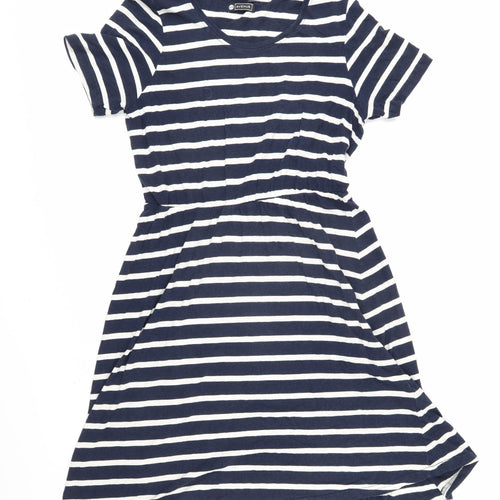 Avenue Womens Blue Striped Cotton T-Shirt Dress Size 12 Boat Neck Pullover