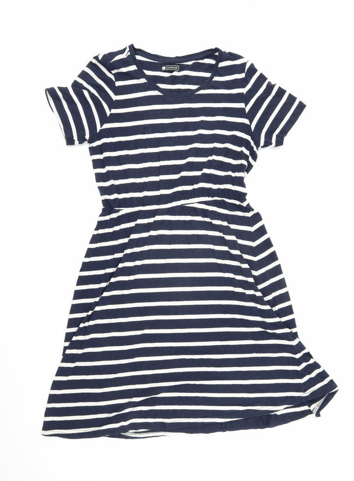 Avenue Womens Blue Striped Cotton T-Shirt Dress Size 12 Boat Neck Pullover