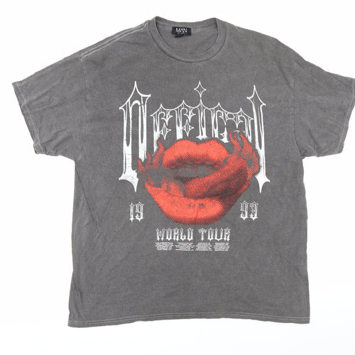 Boohoo Mens Grey Cotton T-Shirt Size M Round Neck - Lips