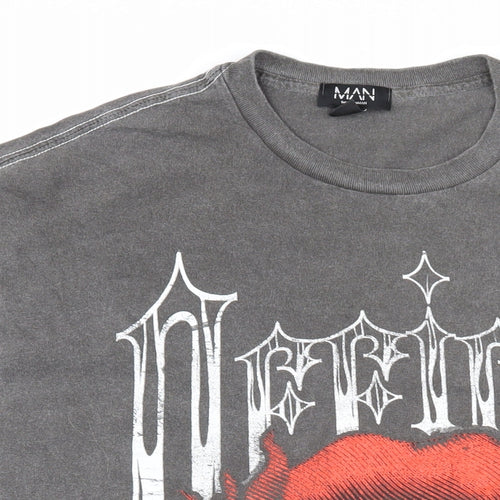 Boohoo Mens Grey Cotton T-Shirt Size M Round Neck - Lips