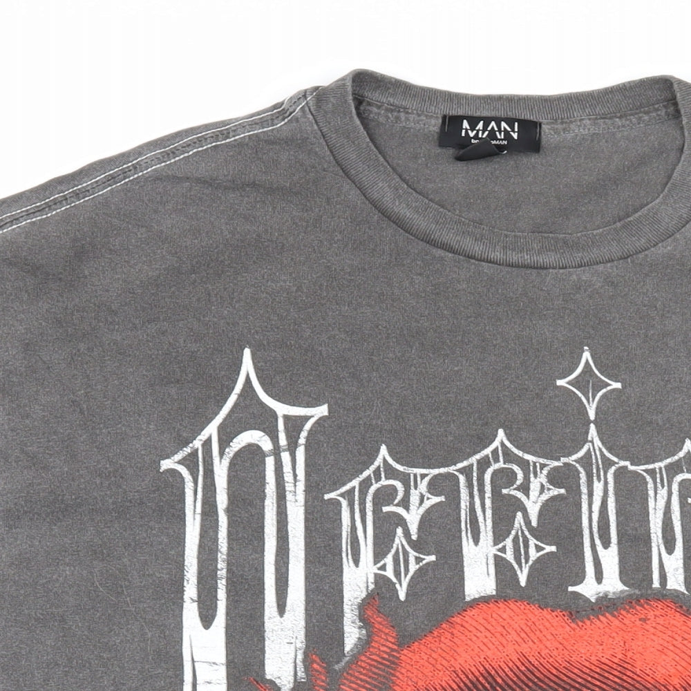 Boohoo Mens Grey Cotton T-Shirt Size M Round Neck - Lips