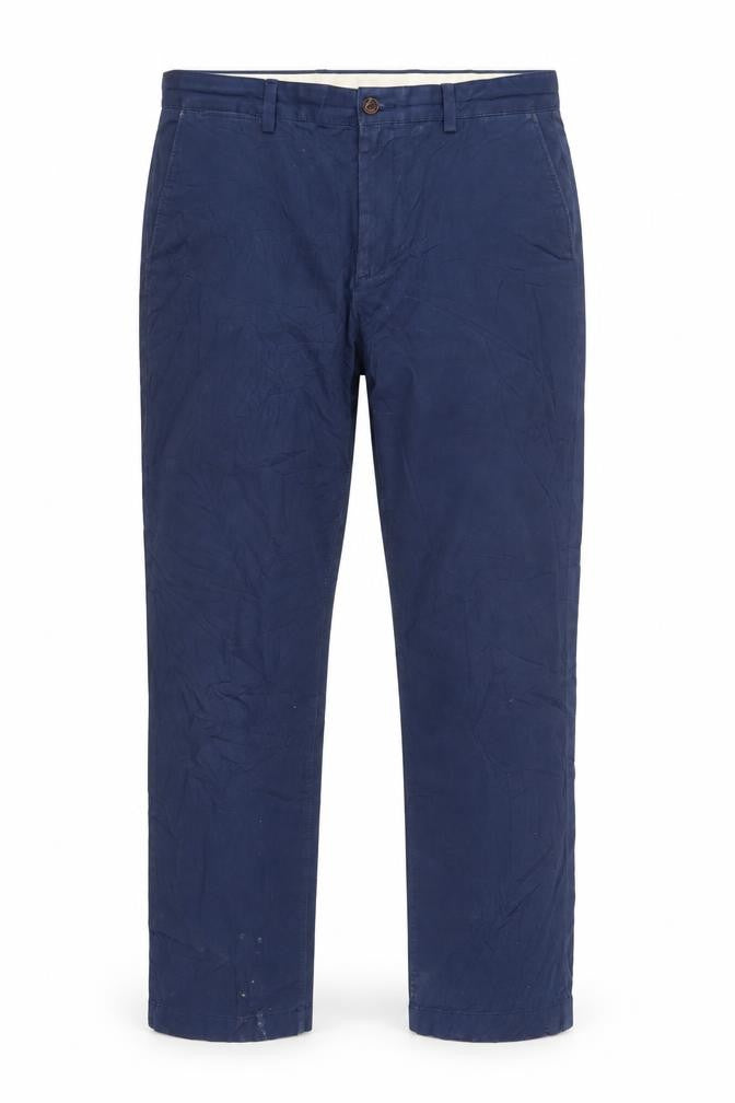 Front view of John Lewis women’s blue cotton trousers, size UK 34, 29.5-inch leg regular zip