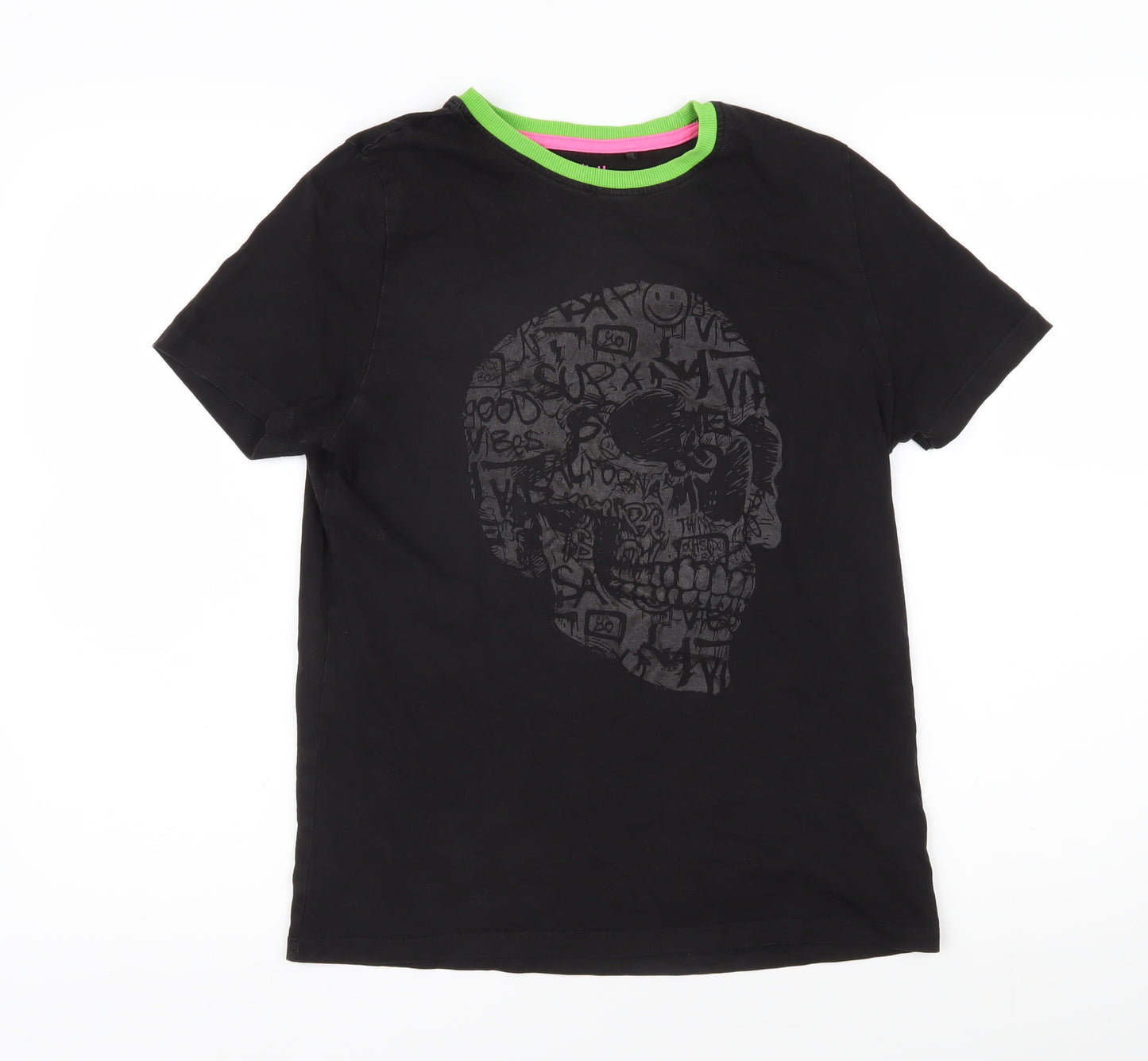 NEXT Girls Black 100% Cotton Basic T-Shirt Size 15 Years Round Neck Pullover - Skull
